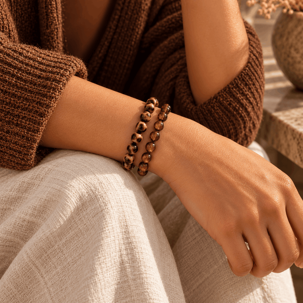 Amber kralenarmband gedragen om de pols