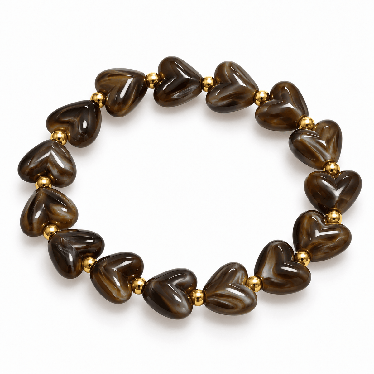 Bruine hartjesarmband met gemarmerde kralen en goudkleurige details van Hippe Kraal