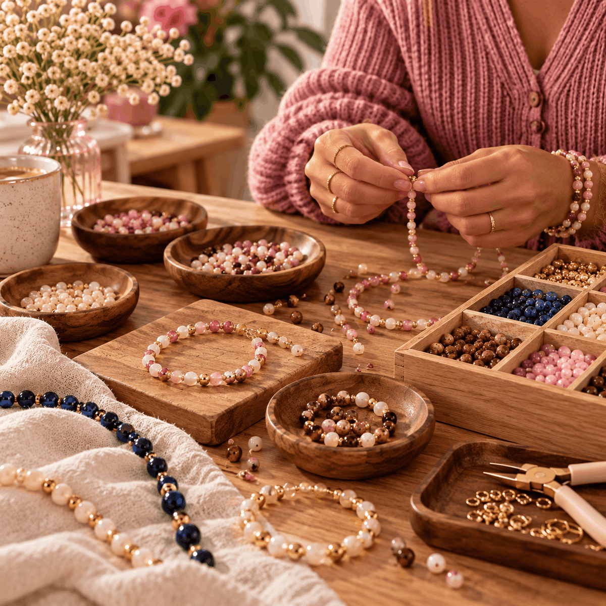 Met de hand sieraden maken met verschillende kleuren kralen