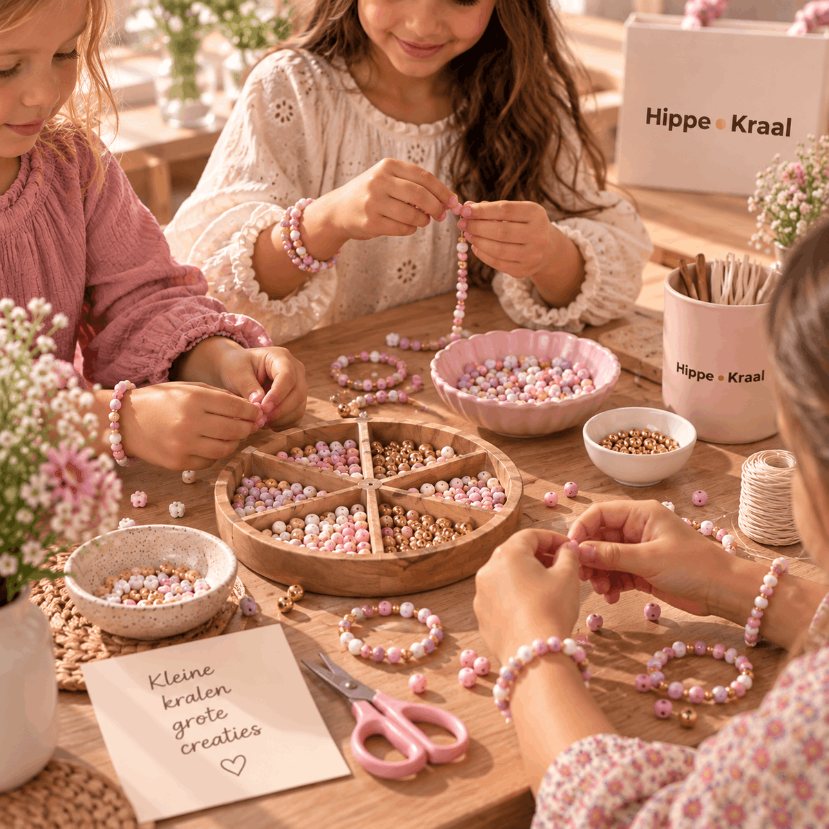 Kinderen maken kleurrijke armbandjes tijdens een sieradenworkshop