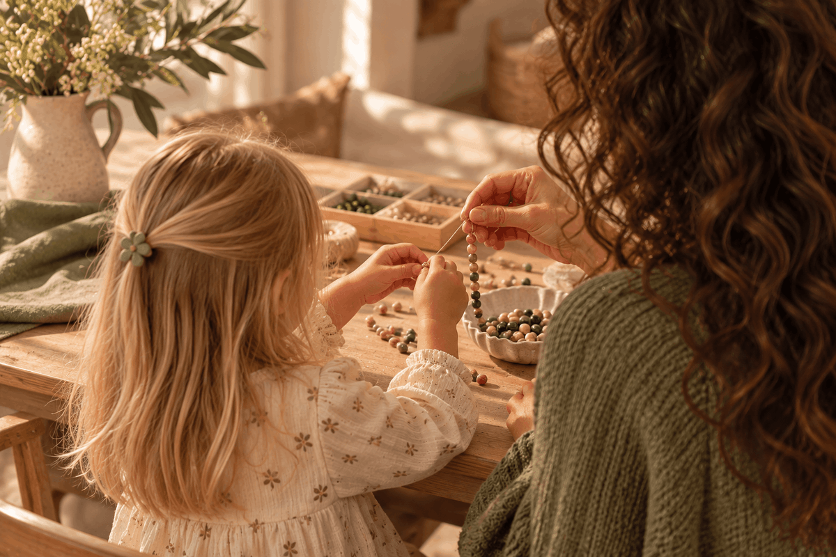 Moeder en dochter maken samen een kralenketting aan de keukentafel